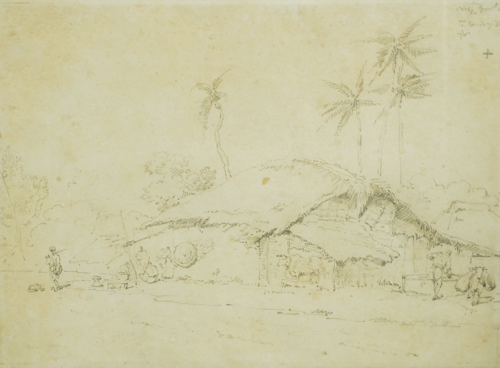 George Chinnery (English, 1774-1852), An Indian village with natives and cattle, pencil on paper, 14 x 10cm